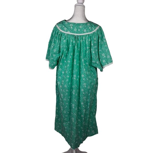Granny Mint White Floral Pocket Vintage Housecoat Pearl Snaps Modest Lounge Wear - Picture 3 of 10